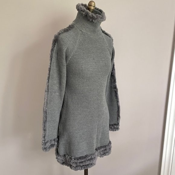 Frett Gray Wool Blend Fur Trimmed Turtleneck Tunic Sweater Mini Dress - S 🇨🇦 - Picture 2 of 13